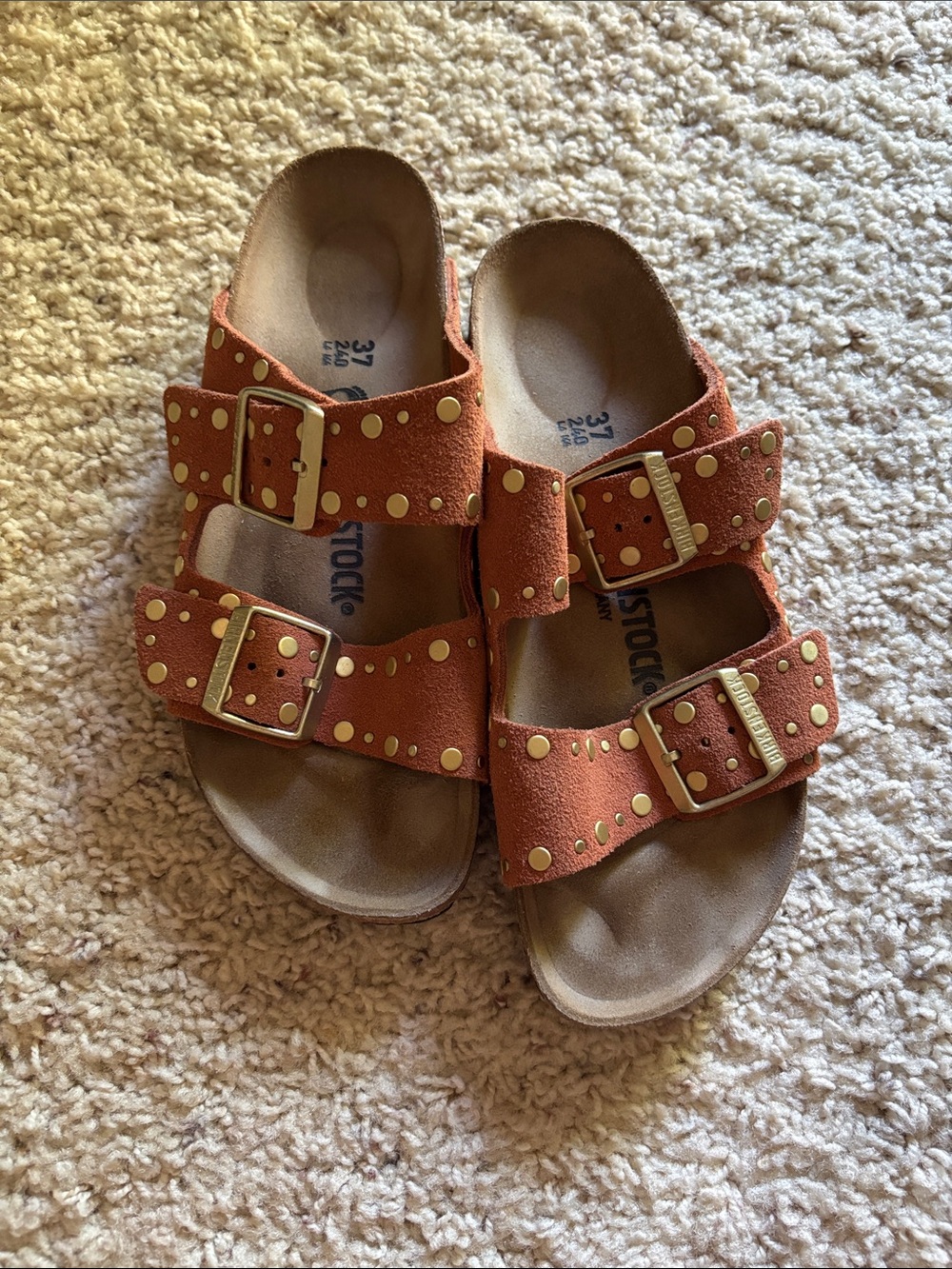 Birkenstock Womens Arizona Studded Sandal in Rust Suede with Gold Accents